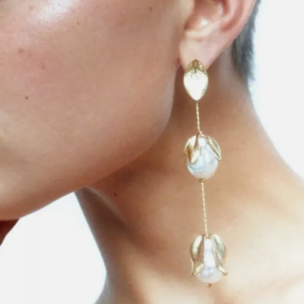 Zara Pearl Gold Leaf Drop Flower Statement lightweight Earrings